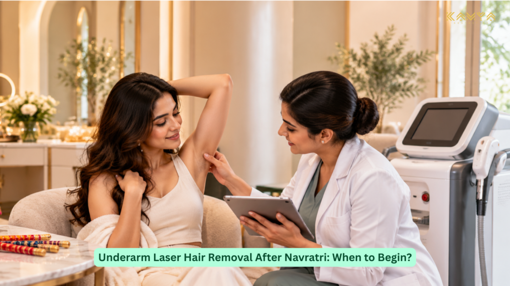 Young Indian woman discussing underarm laser hair removal after Navratri at Kamya Aesthetics Jaipur.